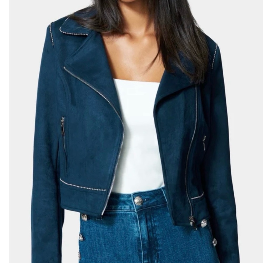 Trim Detail Vegan Suede Moto Jacket with Silver Bead Detail